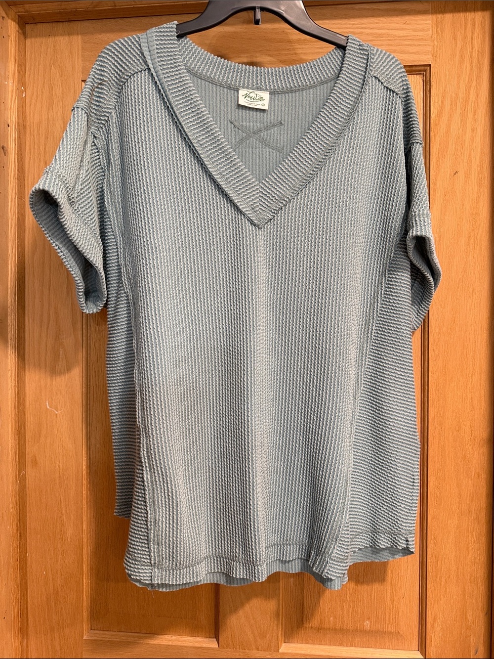 Soft Knit V-Neck Short Sleeve Top - Dusty Blue